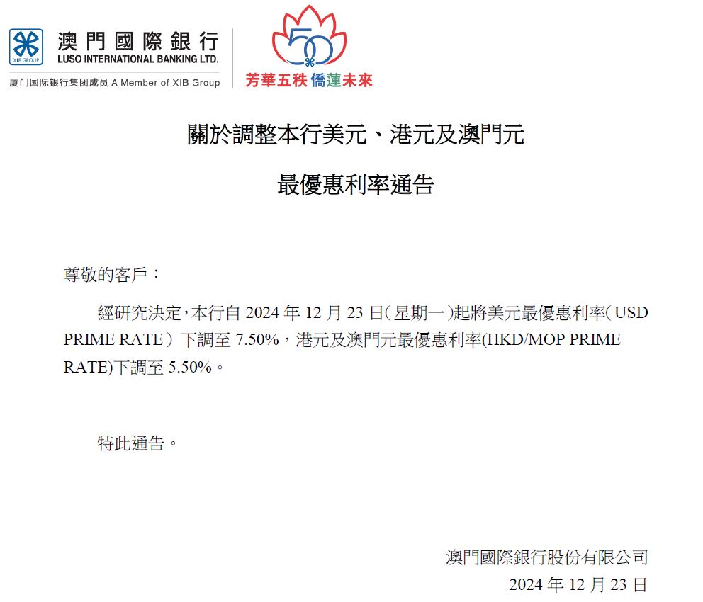 澳門國際銀行- Luso International Banking Ltd. -關於調整本行美元、港元及澳門元最優惠利率通告
